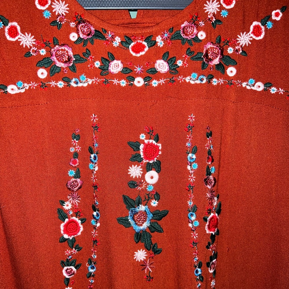 Brown Boho Mini Dress with Floral Embroidery